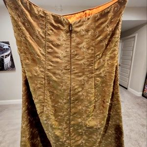 Gold brocade strapless dress, size small.